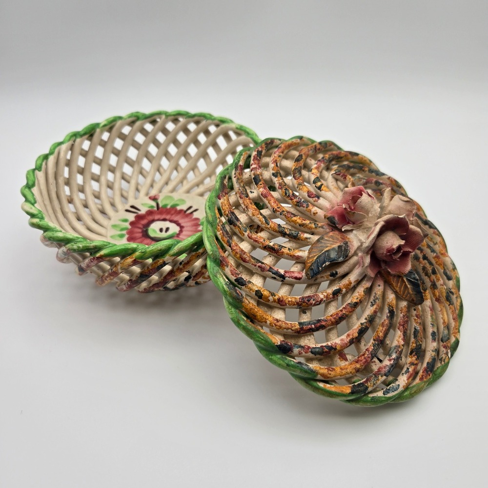 Vintage Lidded Spanish Porcelain Woven Trinket Box Lattice Potpourri Bowl Spain